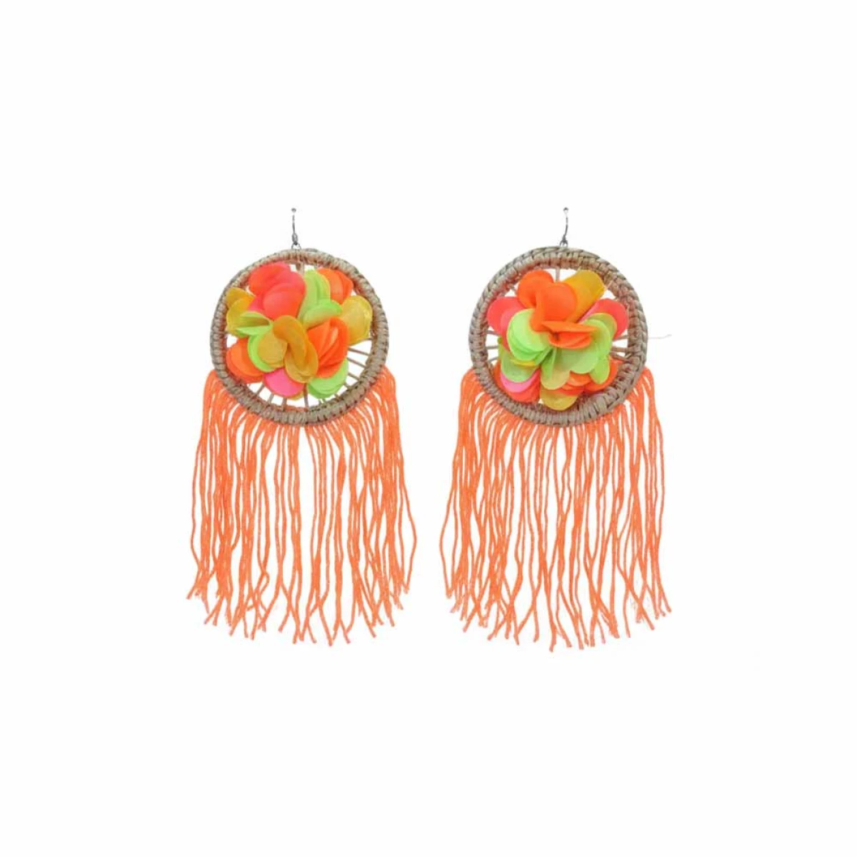 Aretes de Carnaval Tipo Atrapasueños con Flores Neón y Flecos