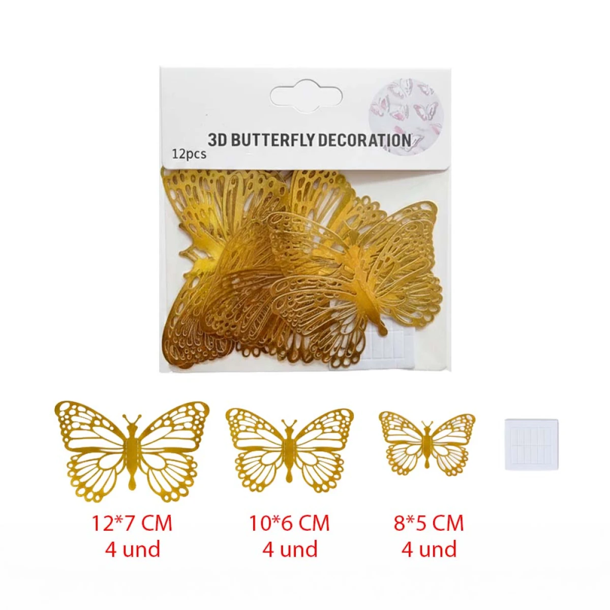 Mariposas Decorativas 3D Doradas – Pack x12 Unidades (Tres Tamaños)